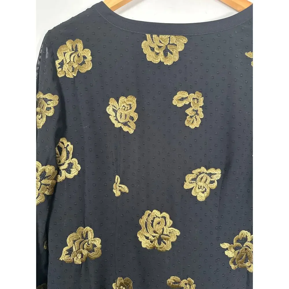 Cabi Occasion Dress Black Swiss Dot Gold Embroidery Long Sleeve Size Medium - Picture 6 of 10
